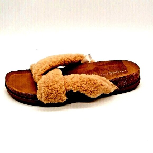 Treasure & Bond Womens Criss Cross Strap Slide Slipper Tan Faux Fur‎ Flat 9M - Picture 1 of 9